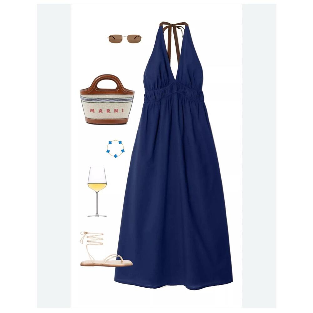 Xirena Mollie Maxi Halter Dress V-Neck Cotton Gauze Navy Blue Empire Waist Sz M